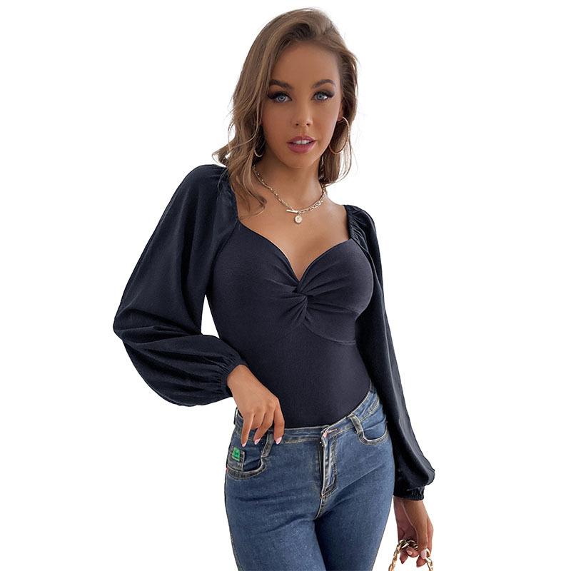 New French Twist Ladies V-Neck Long Sleeve Bodysuit Tight Corset Style Bodysuit Women