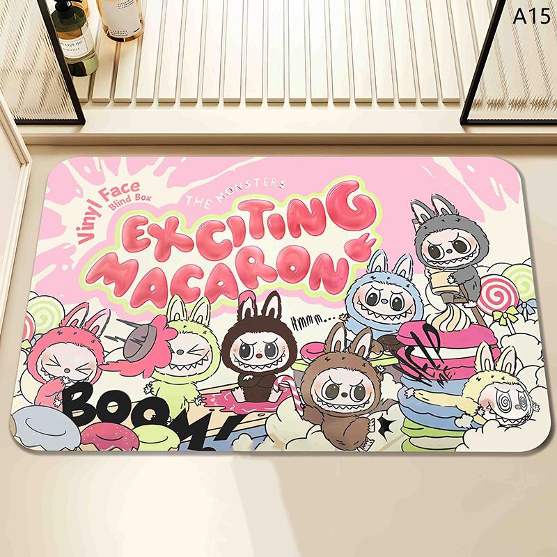 Alfombra de baño con estampado de Labubu de dibujos animados, felpudo antideslizante, alfombrilla de secado de cocina para dormitorio, alfombrilla de drenaje, alfombra de entrada, alfombra de dibujos animados para el hogar