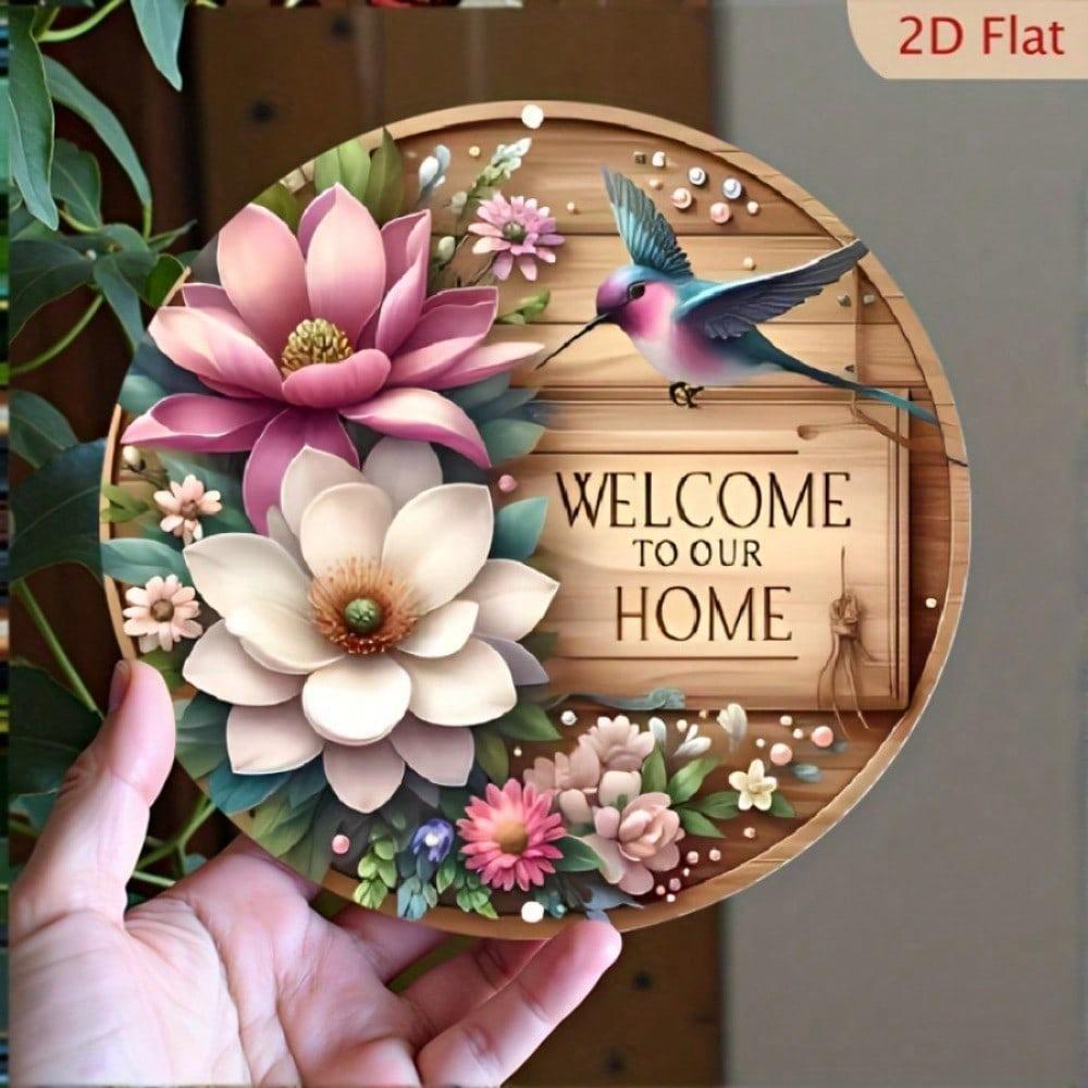 Welcome Home Metal Yard Sign 2D Round Iron Bird Flower Garden Decor Outdoor Patio Porch Wall Art 8x8 Inch
