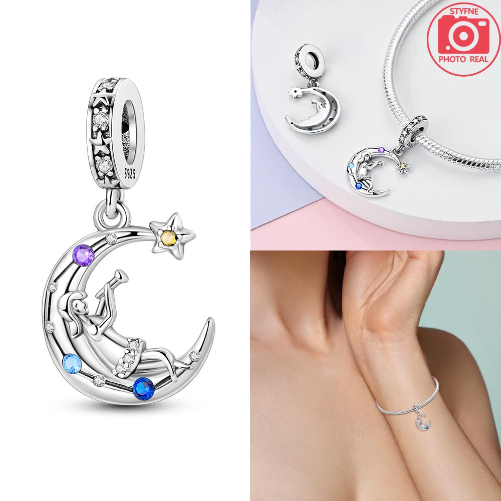 Charms 925 Silver Blue Zircon Moon Moon Luminous Star Beads Pendant Fit Bracelet Woman DIY Jewelry Fine Gifts Making