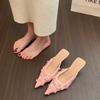 2025 Novo Verão Mulheres Renda Mules Chinelos Moda Salto Alto Fino Sapatos Mulher Chinelos de Malha Mulheres Sandálias de Luxo Sapatos de Festa
