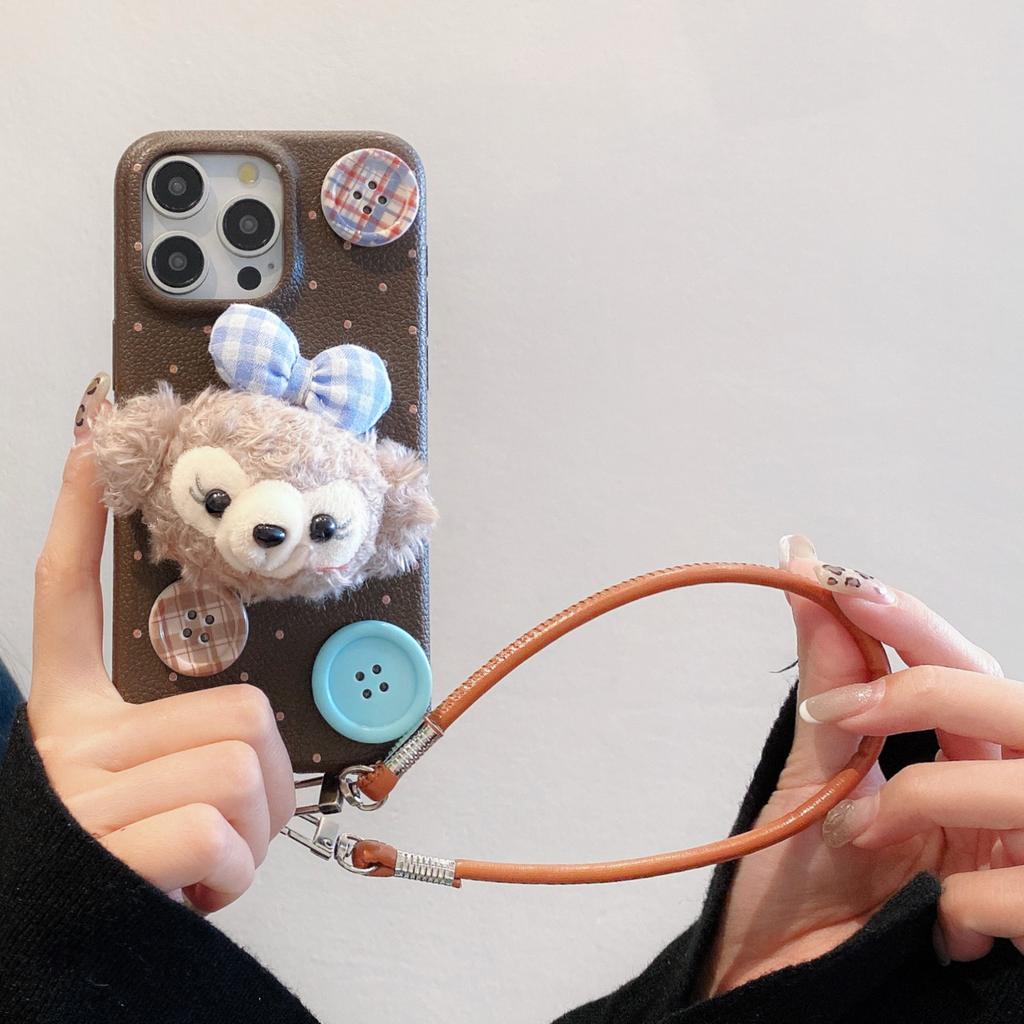 Winter Plush Filipino Button Lanyard Apple 16promax 15pro Fall proof Full Cover 13P Leather Pattern Mobile Phone Case