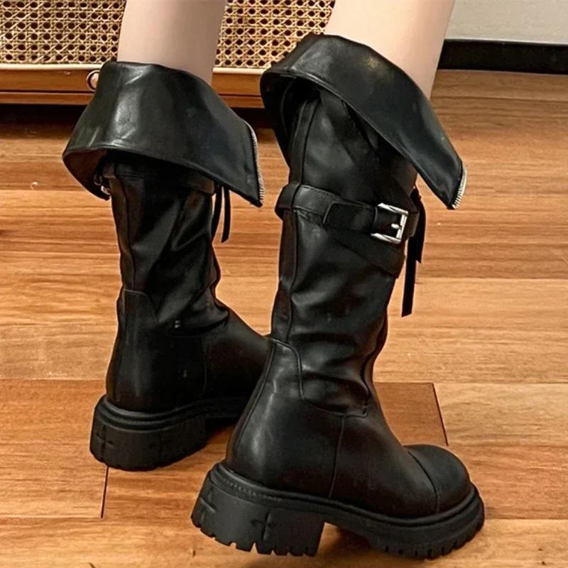fashion Gothic Thigh High Boots Women Winter Long Boot New Fashion Front Zipper Square Heel Knee-High Botas Ladies Motorcycle Boots