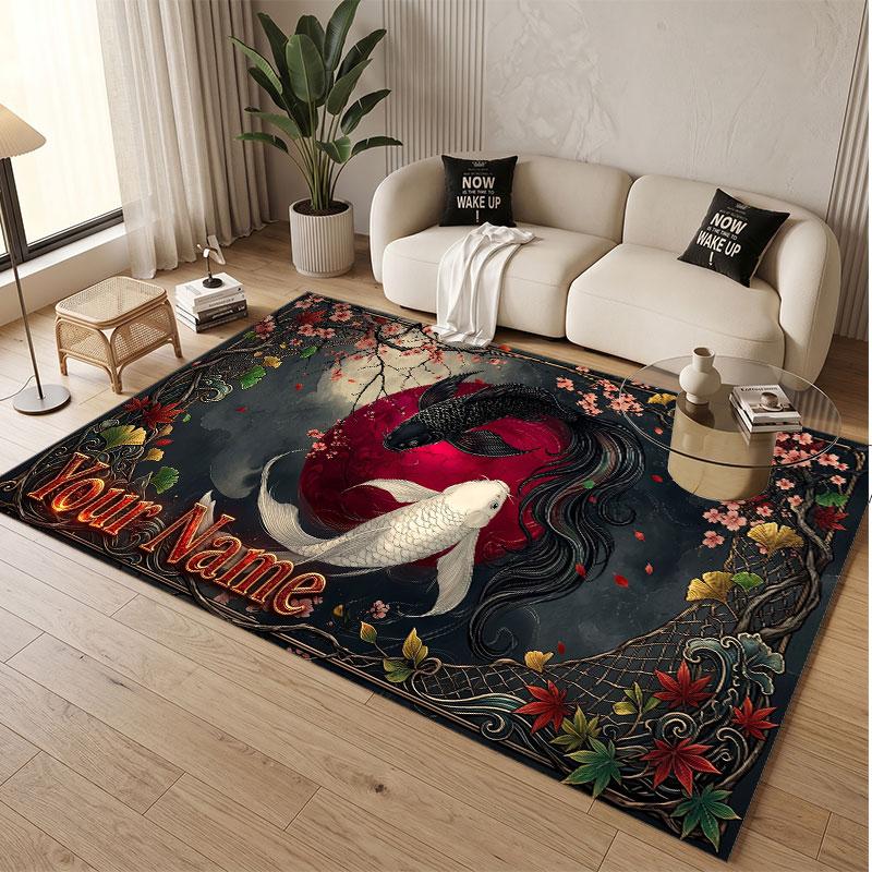 Koi Fish Theme Soft Crystal Velvet Rug Custom Name & Text Print Non Slip Floor Rug for Bedroom Living Room