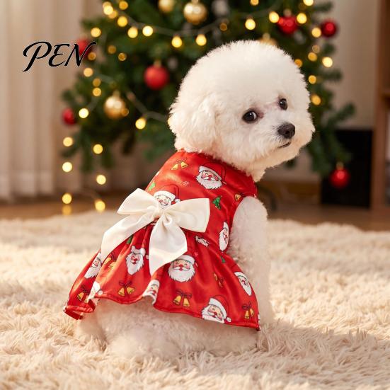 Holiday Pet Clothes for Small Dogs Christmas Dog Dress with Bow, Sleeveless Puppy Dress, Cute Breed Teddy Bichon Outfit Festive Dogs, Party