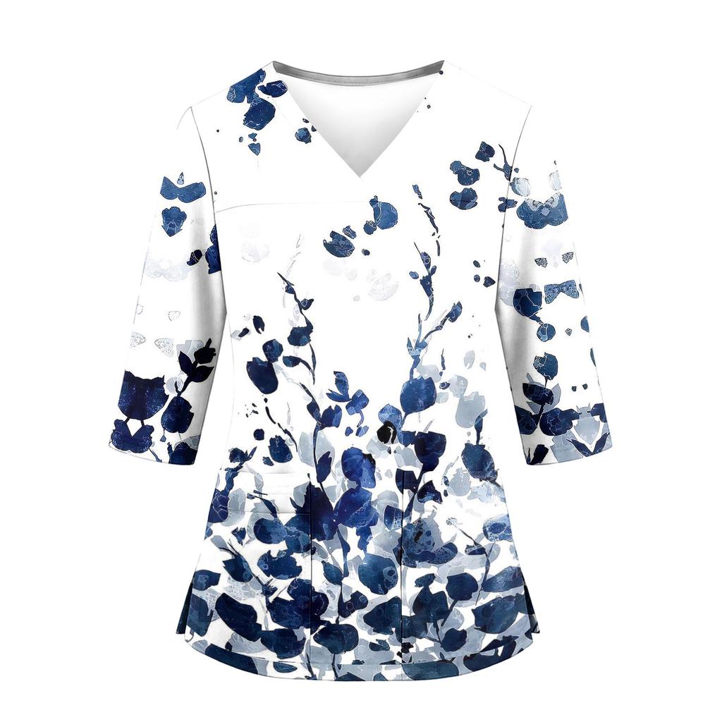 Bata Médica de Mujer con Escote en V, Mangas Tres Cuartos, Aberturas Laterales y Bolsillo Frontal, Estampado Floral, Ajuste Cómodo, Uniforme de Enfermera