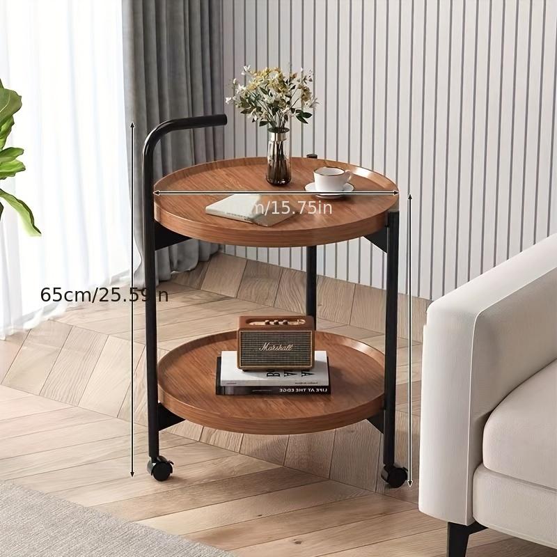 Multifunctional Double-Layer Coffee Table with Wheels, Hardwood Side Table and Rolling Storage, Ideal - Brown, Retro Style