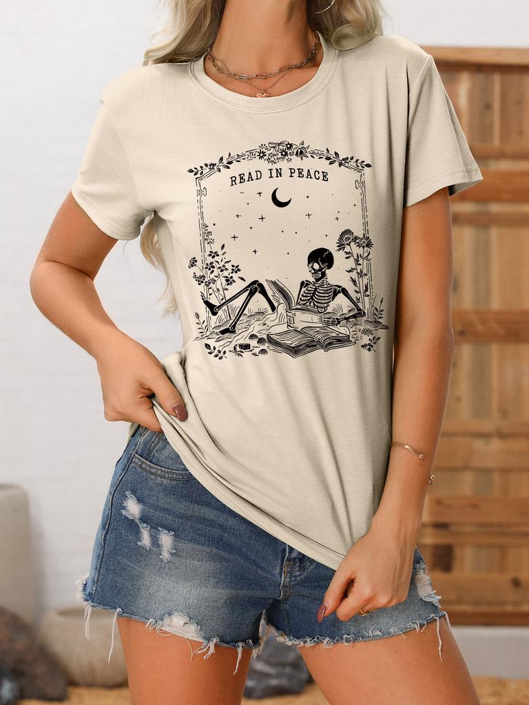 Summer new crewneck Womens casual Tshirt read in peace skull print loose shortsleeved fashion top with all the trend pullove