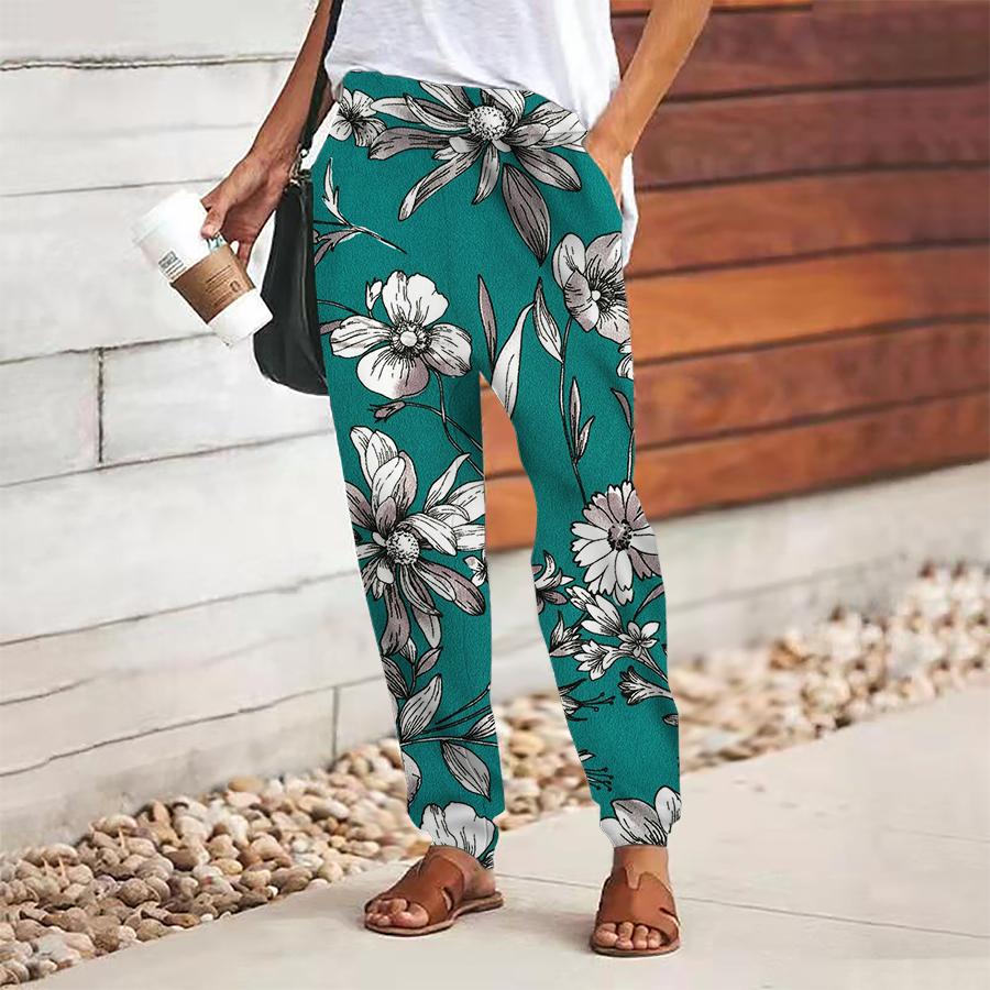 Dámské kalhoty s květinovým potiskem na šněrování s elastickým pasem volné kalhoty ležérní dlouhé kalhoty kalhoty s kapsami