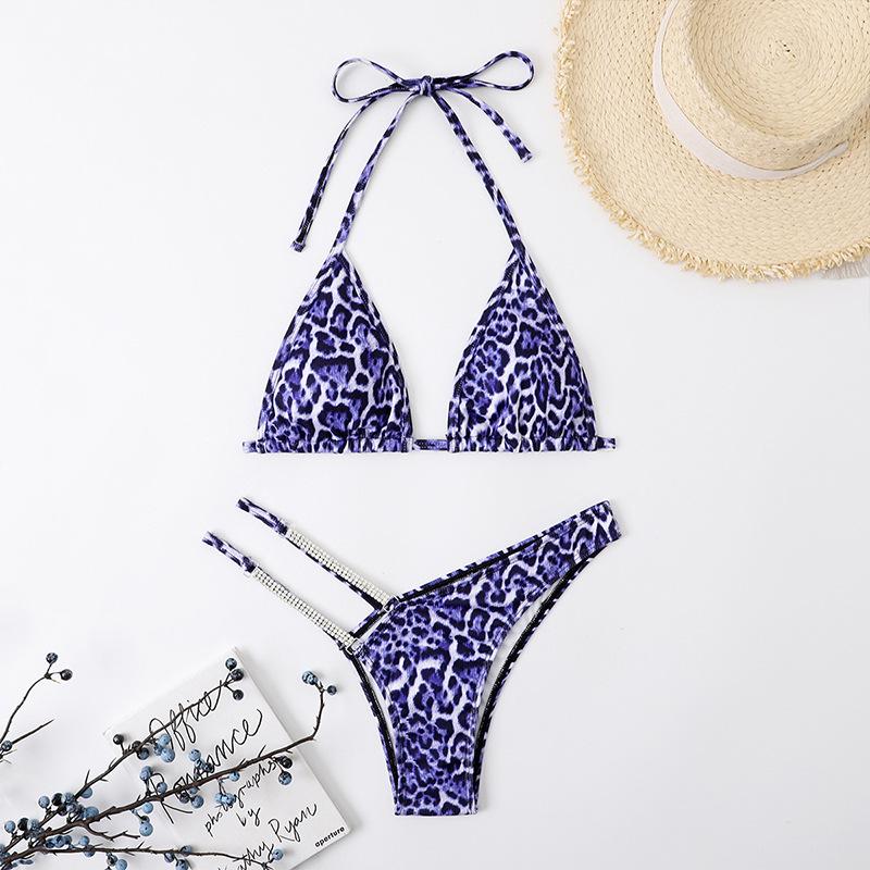 Leopard Print Rhinestone Bikini - European and American Sexy Split Swimsuit
