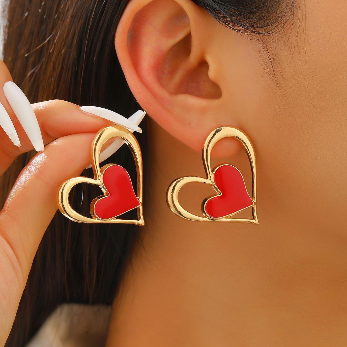 Double Layer Heart Drop Earrings Hollow Outline with Solid Enamel Center