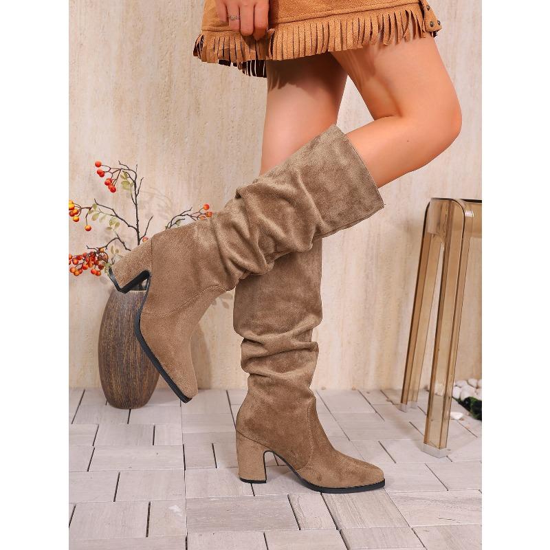 Pleated Pointed High-heeled Fashion Boots Women's 2025 Winter New Thick-heeled Plus-size High Boots