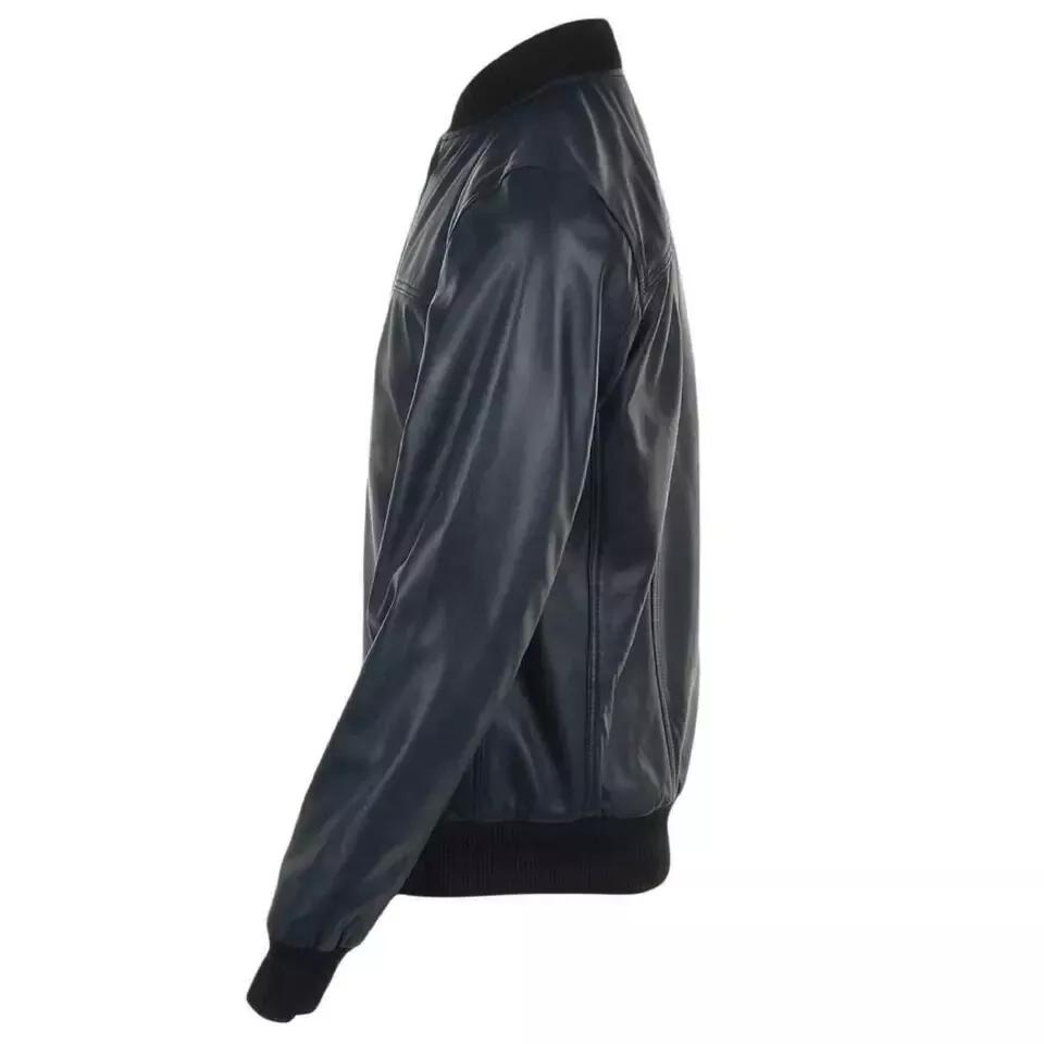 Navy Blue Bomber Stylish Black Men's Leather Genuine Lambskin Handmade Casual Biker Jacket
