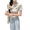 Gray lace front shoulder short-sleeved t-shirt women's summer new pleated card waist bow short top