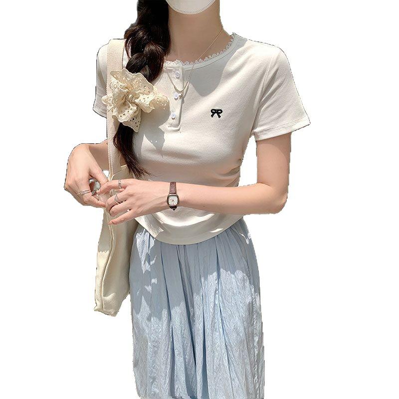 Gray lace front shoulder short-sleeved t-shirt women's summer new pleated card waist bow short top