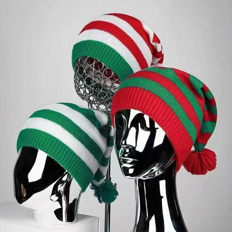 Christmas Hat Knitted Hat With Red And Green Stripes And Fur Ball Long Tail Hat Christmas Hat Old Man Hat