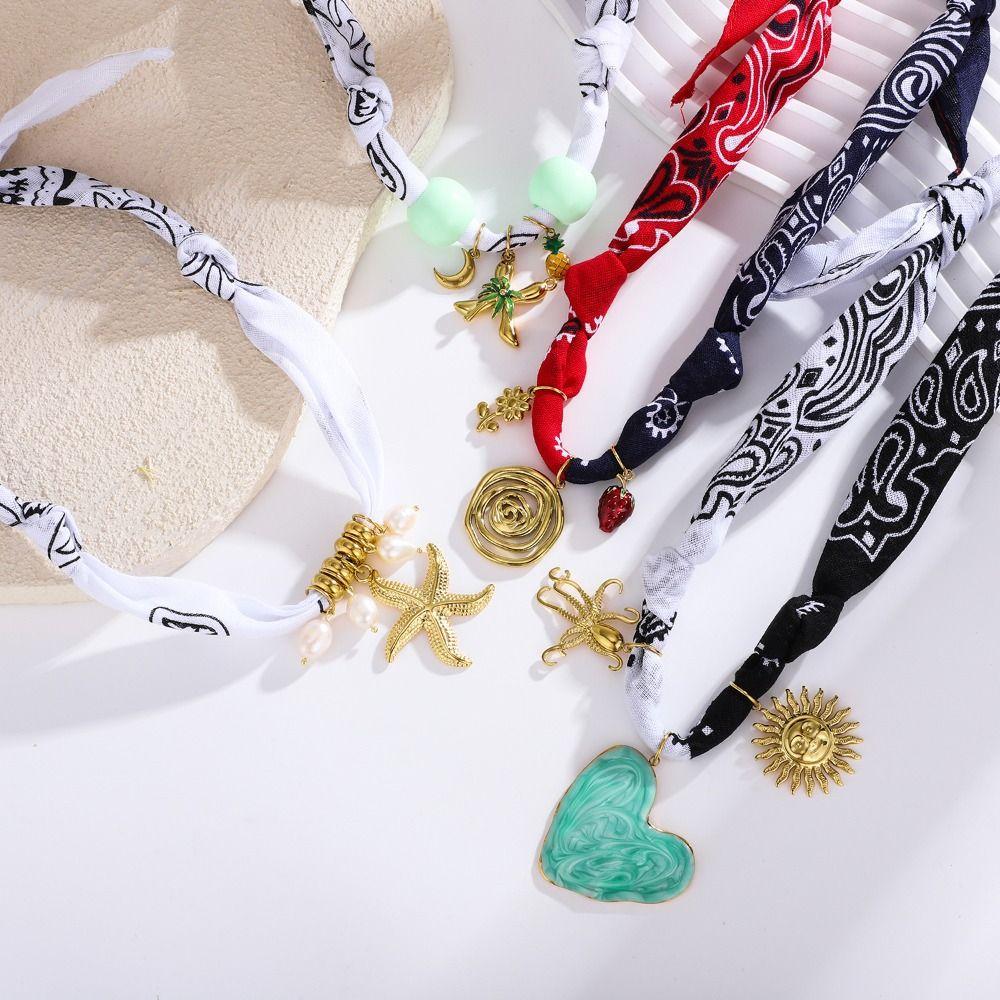 Personality Flower Scarf Chain Necklace Ethnic Style Ocean Series Necklace Nylon Rope Choker  Women