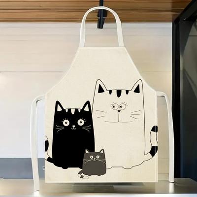 1pc Three Cats Family Apron Cute Cartoon Black White Kitten Kitchen Cooking Baking Chef Gift For Cat Mom Dad Linen Bib Apron