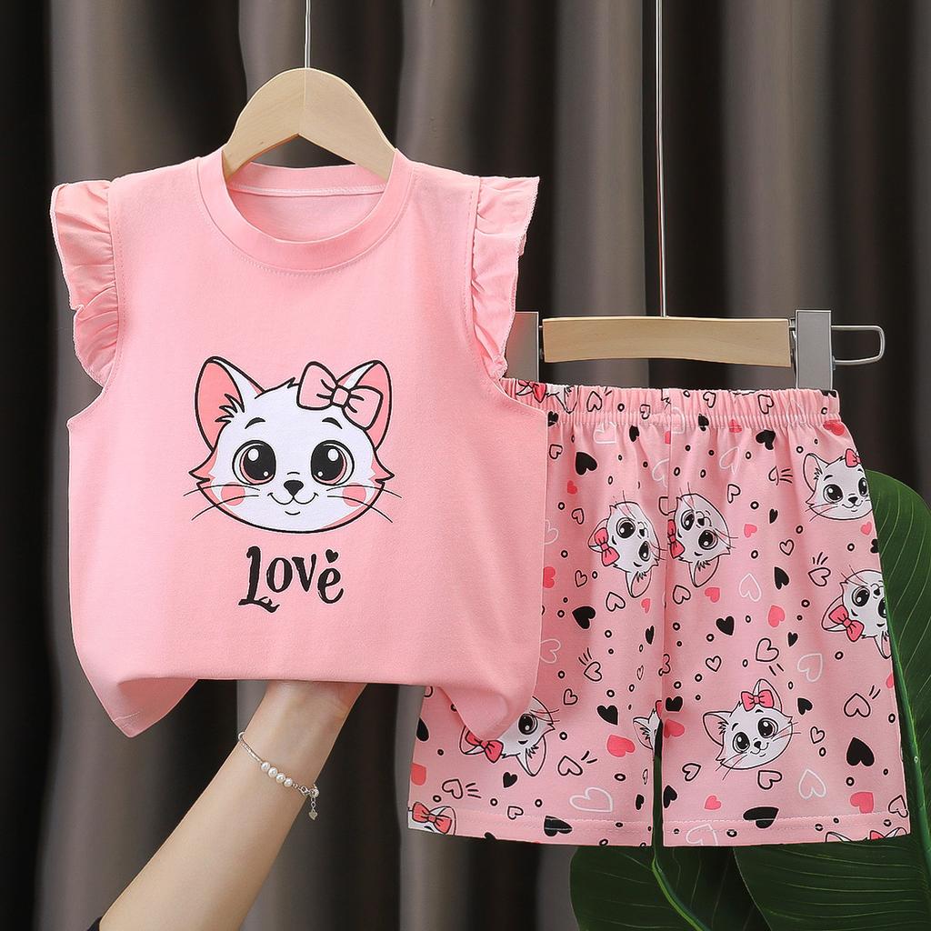 Girls' Cotton Short-sleeved Set For Summer Children's Casual Flared Shorts Two-piece Set