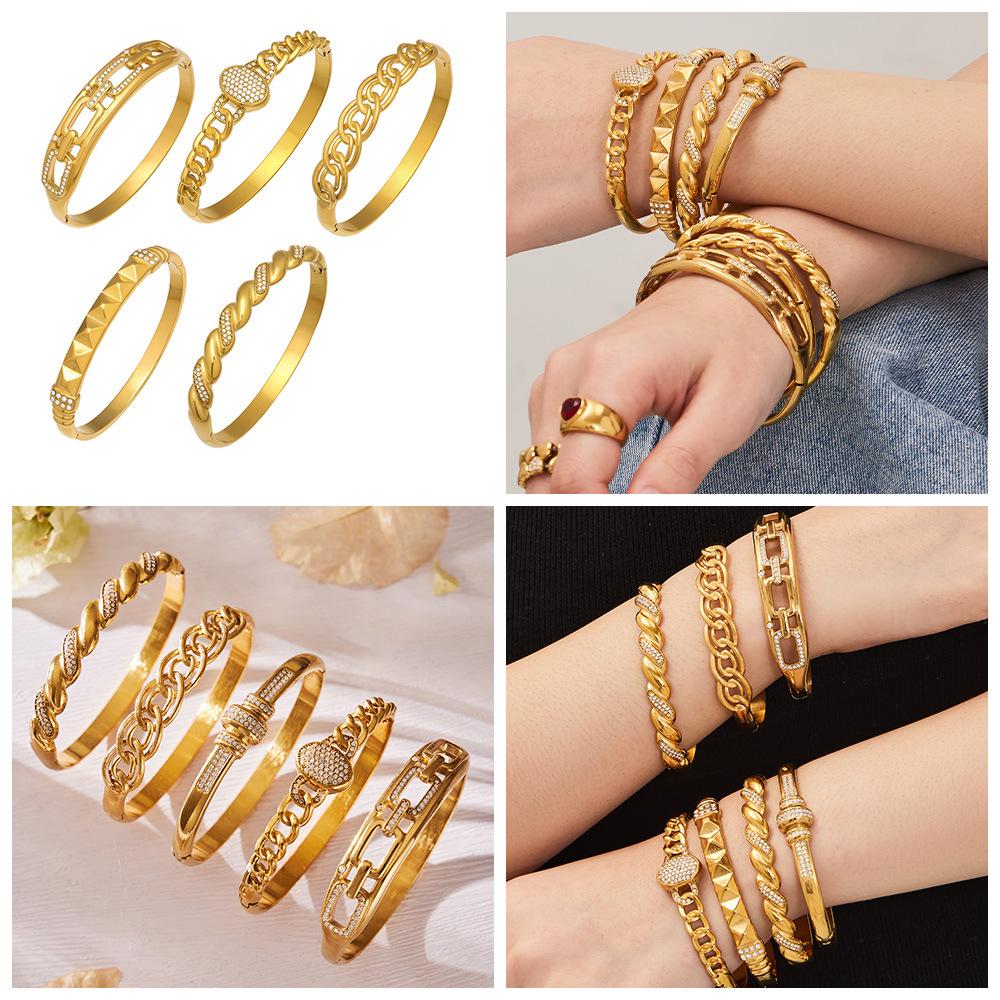 18K Gold-Plated Geometric Zirconia Bracelet with Stainless Steel Buckle