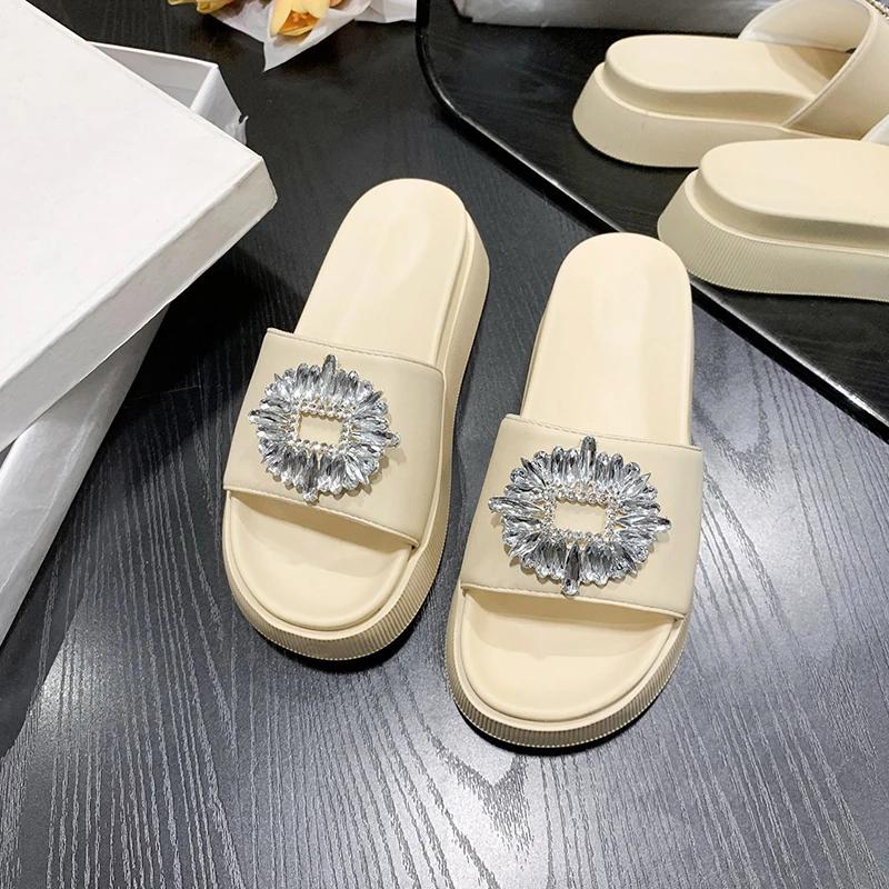 Móda Nové Letní Křišťálové Kameny Spona Pantofle Žena Platformové Sandály Zesílené Podpatky Nazouváky Venkovní Žabky Dámské Muffin Boty