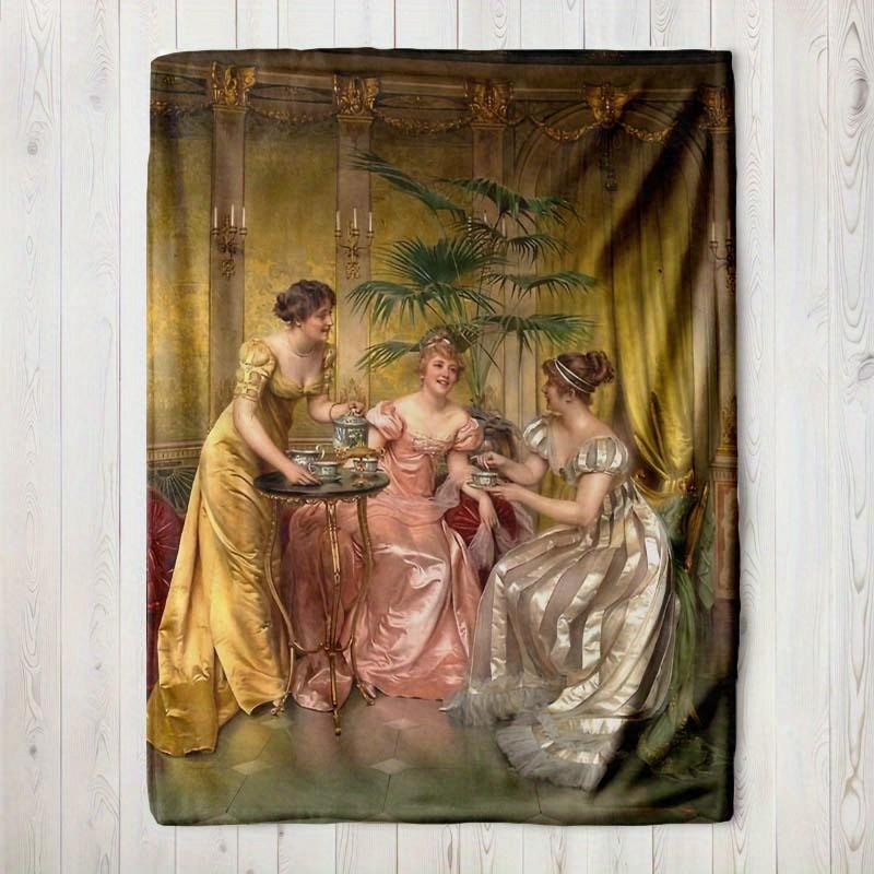 Vintage Afternoon Tea Oil Painting Print Flannel Blanket Soft, Cozy Throw with Elegant 19th-Century Women Illustration