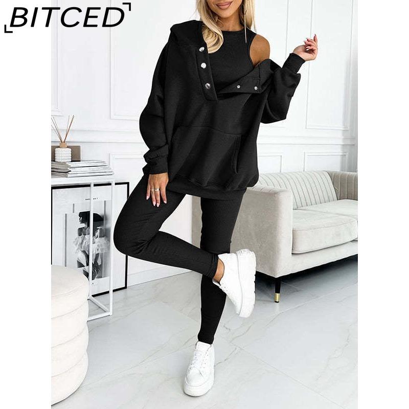 BITCED Women's Sportswear Hooded Sweatshirt with Thick Ribbed Slim-Fit Vest and Trousers Three-Piece Set