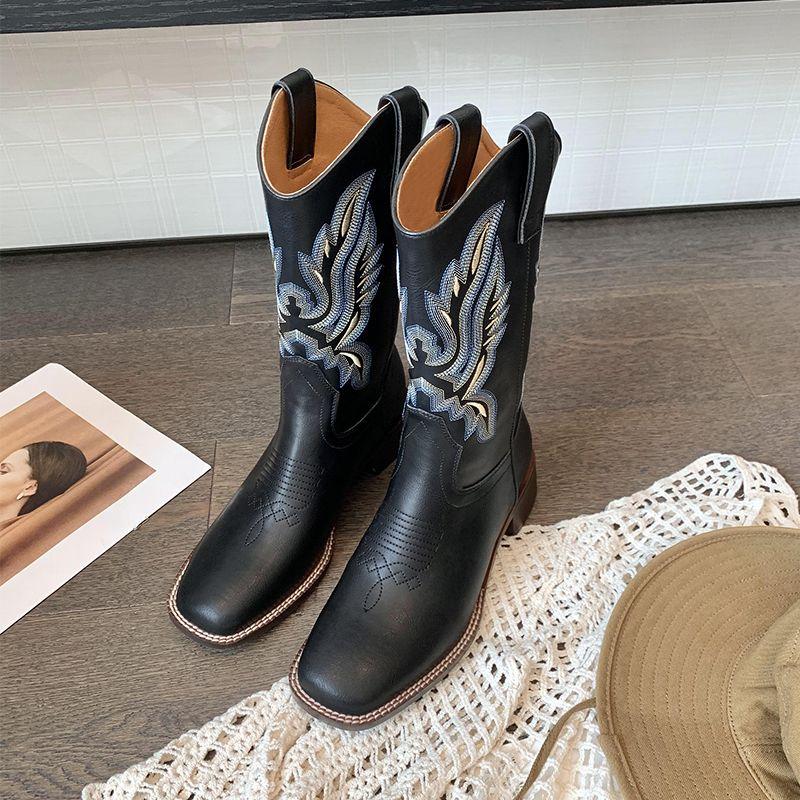 Fashion Spring Autumn Square Toe Middle Heel Half High Boots for Women 2025 Novelty Chic and Elegant Trend Leather Mid Calf Shoes Woman