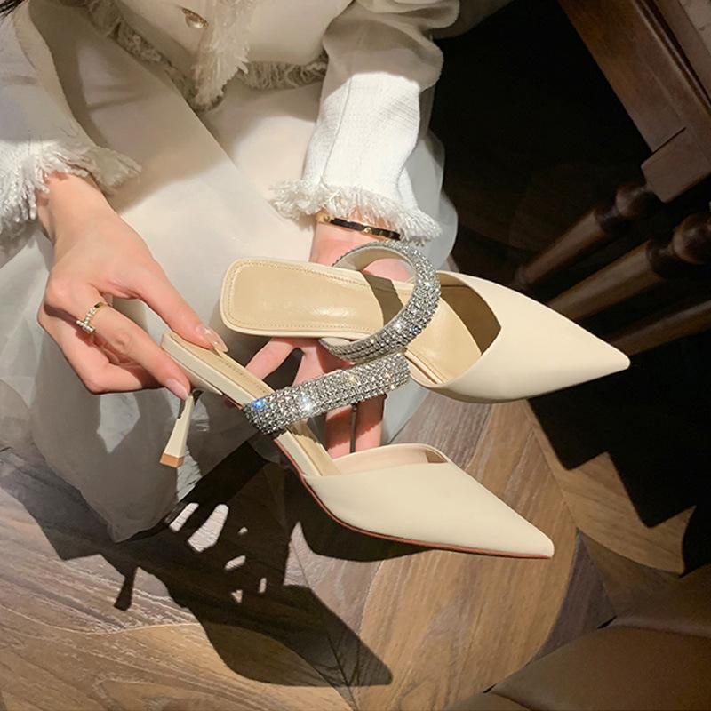 Grape mom studiolee French elegant pointed sandals diamond strap one pedal thick heel half slippers women spring summer