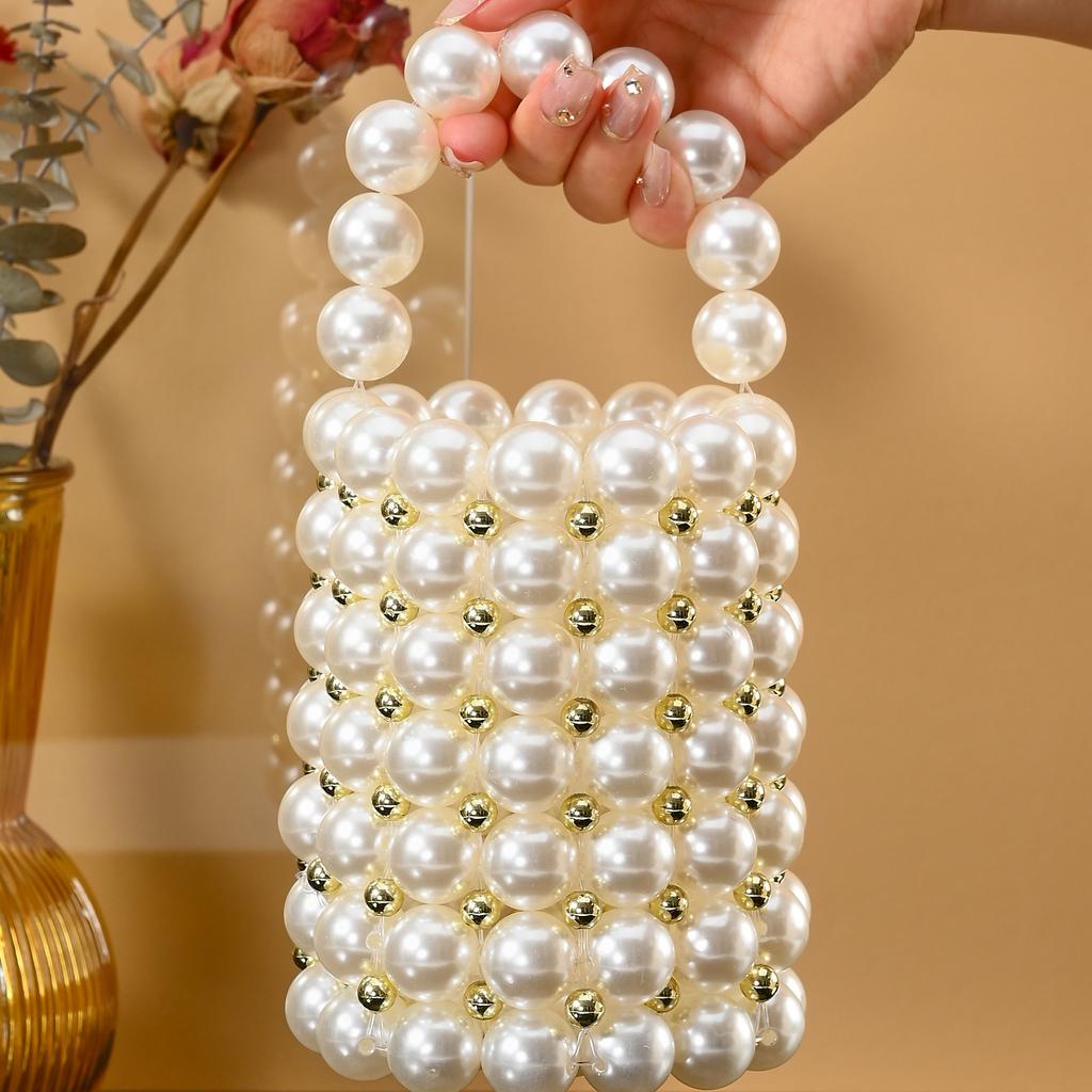 Women's Luxury Pearl Handbag Elegant Handmade Pearl Bucket Bag Detachable pearl chain shoulder Bag Dinner Party Evening Gown Bag