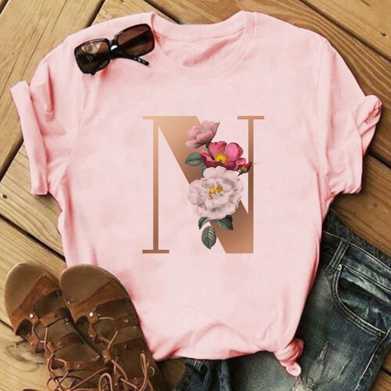 Stylish Gold 26 Letter Floral Print T-shirt Black Oversized for Men And Women Summer Polyester Fabric T-Shirt