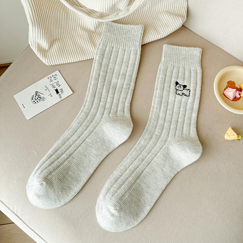 5 Pairs of Female Spring and Autumn Embroidery Puppy Vertical Stripes In Tube Pile Socks
