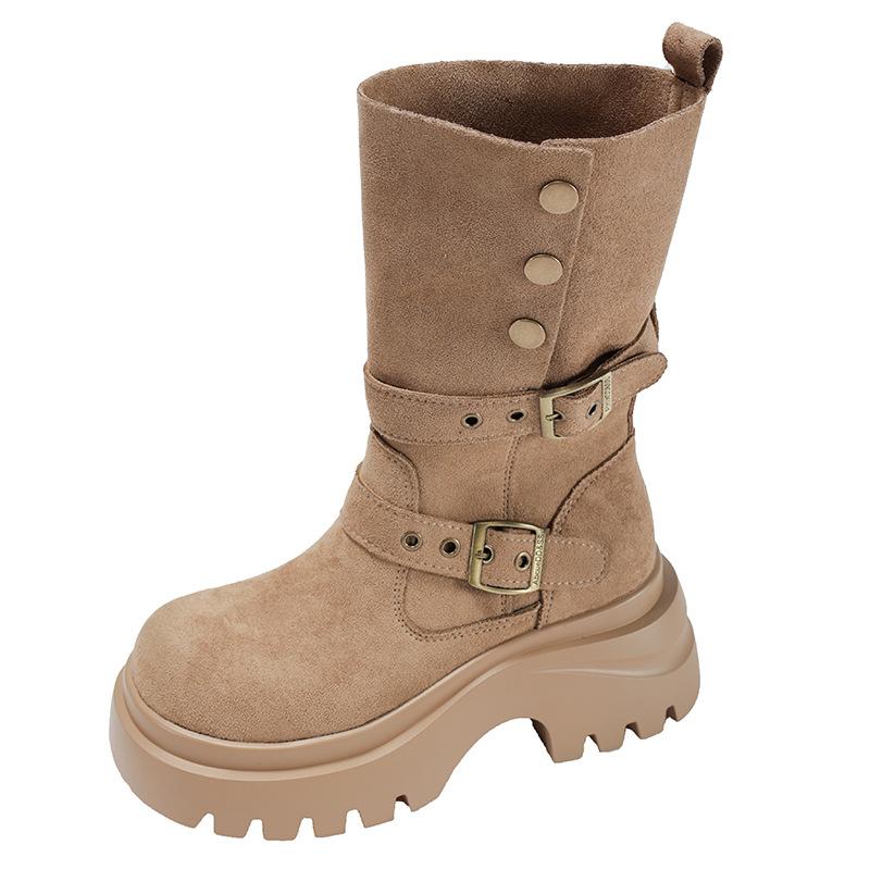 Brown retro thick-soled thick-heeled heightened medium boots children's summer 2025 new skirt versatile and thin Martin boots