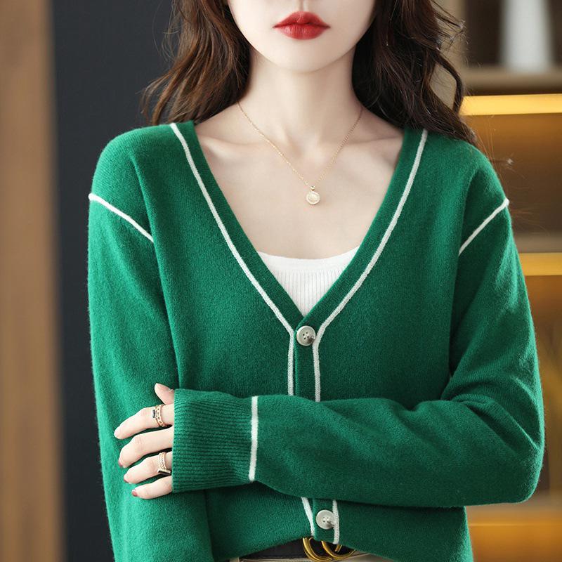 Versatile 100% Cashmere Color Block Cardigan V-Neck Women's Wool Sweater