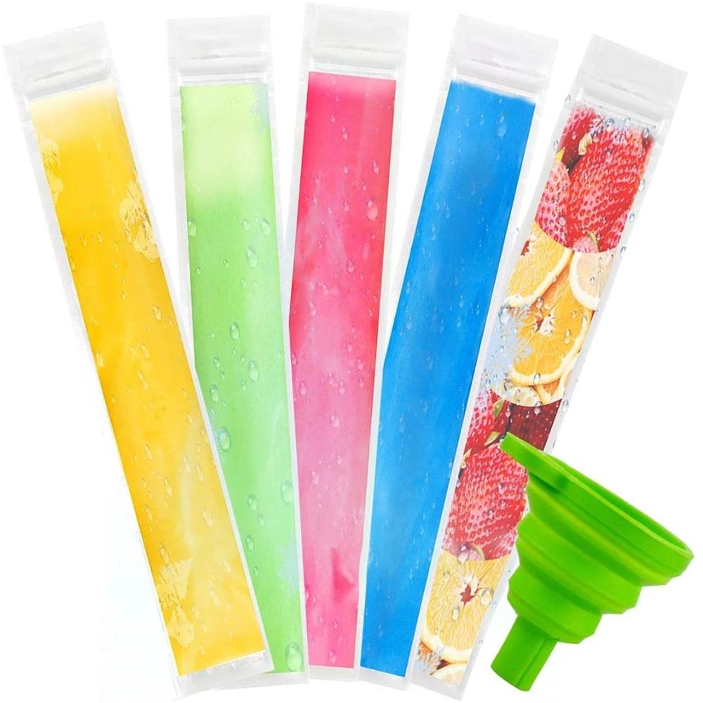 50pcs With Silicone Funnel Ice Popsicle Bags Zip Seals Ice Pop Mold Bags Refrigerator