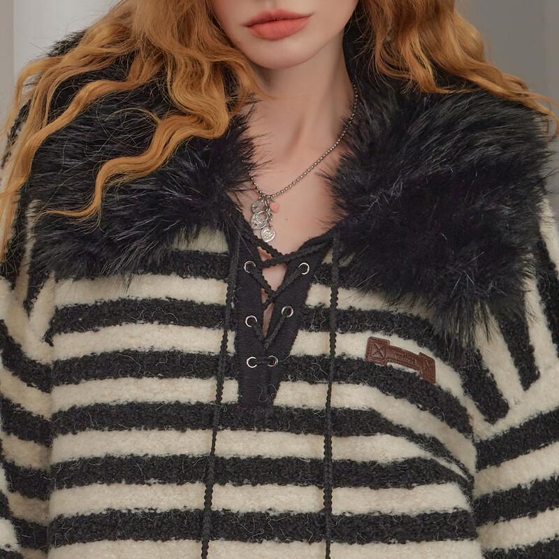 unifree Women's Striped Lapel Knit Sweater with Fur Collar & Tie-Up