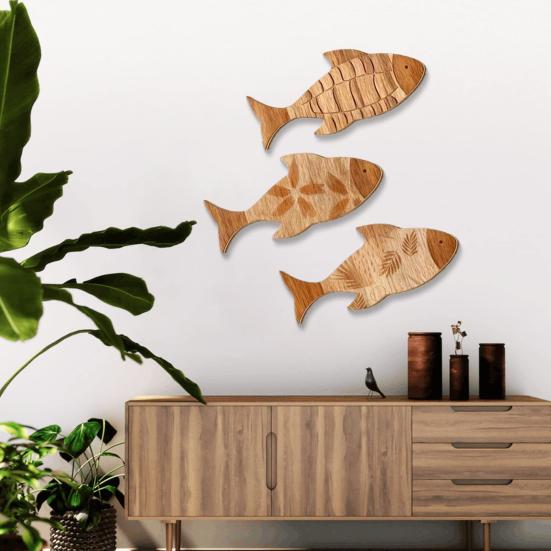 3Pcs/Set Bathroom Fish Wall Decoration, Rustic Wooden Fish Wall Art Sculpture, Nautical Wall Hanging Ornament for Beach Lake House