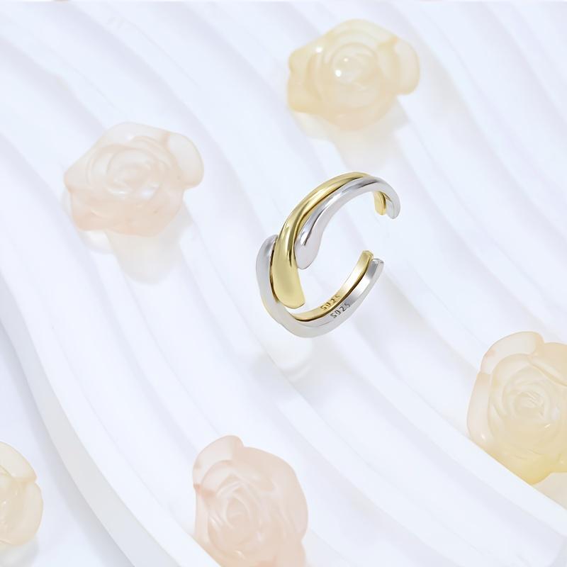 Adjustable Ring - 2.0g Dual-Tone Intertwined Open Cuff Design, Simple Yet Elegant Vacation Style, Women'S Ring for Daily and Holiday Occasions