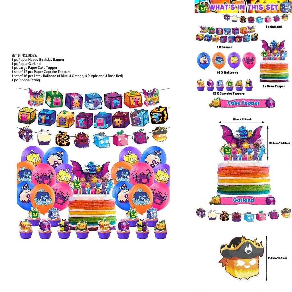 Blox Fruits Birthday Party Decor Game Box Set Paper Craft Printing Size Blox Fruits Set A 1 Flag 16 Balloons Blue 4 Orange 4 Purple 4 Magenta) 1