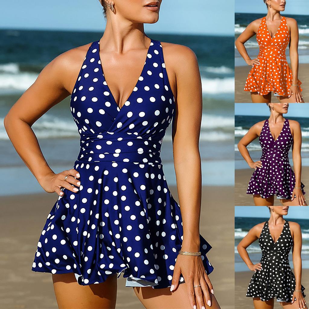 Women's Split Fashion Polka Dot Print Beach Swimsuit Long Skirt Set (2 Sets With Chest Pad Without Steel Bra)