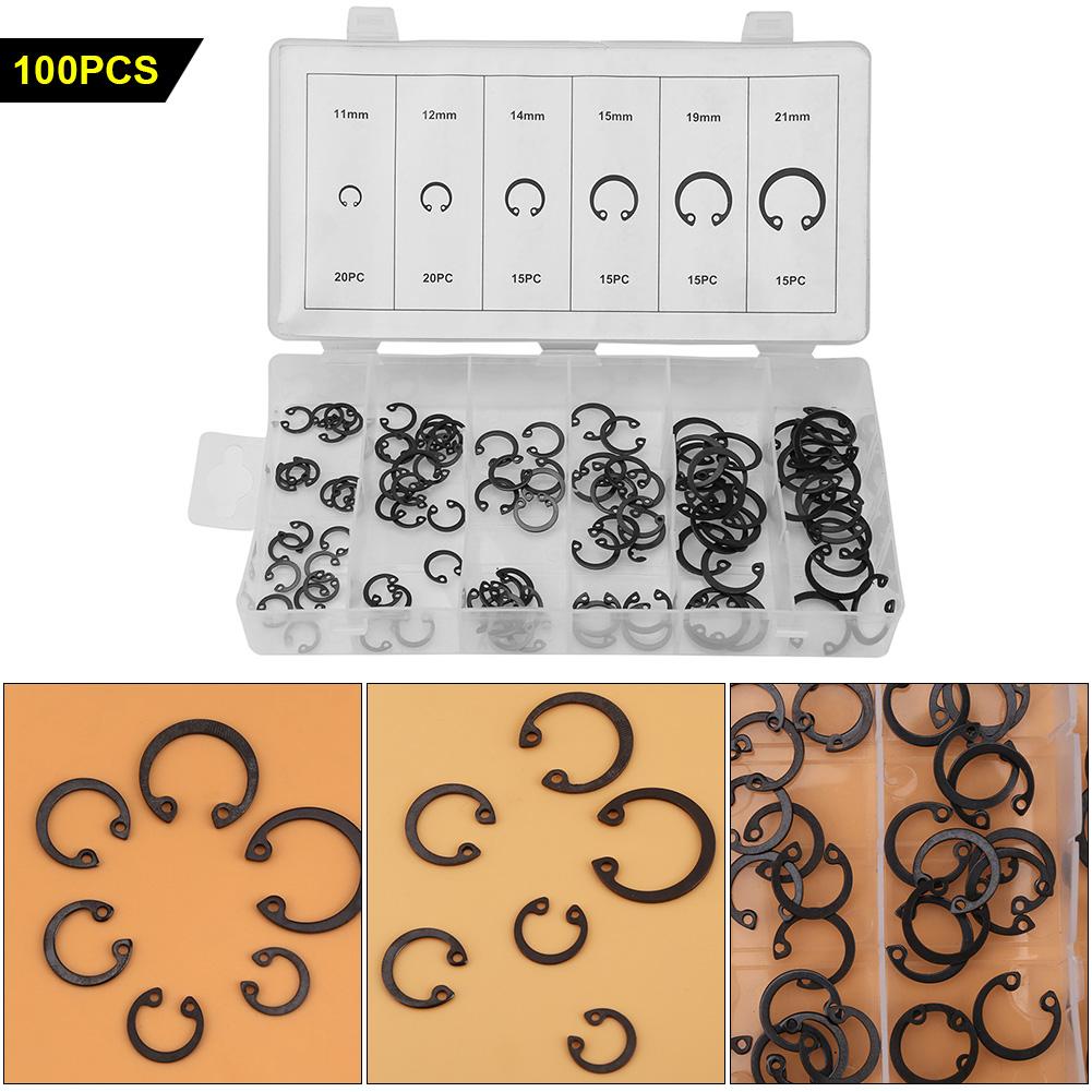 100pcs Black C Clips Snap Circlip Clip Shop Assortment Internal External Lock Retaining Kit for Industrial Fasteners 11mm - 21mm 6 Sizes with Box