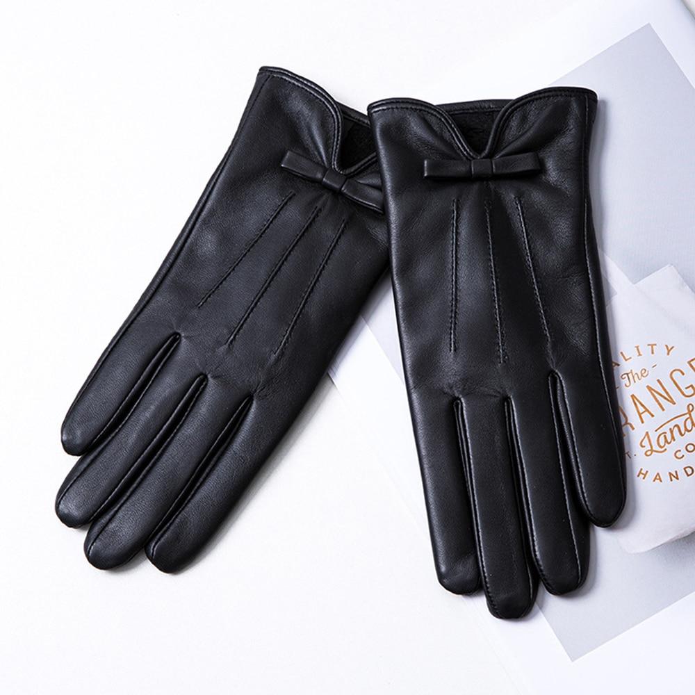 

Модные перчатки из натуральной овчины, ветрозащитные термоперчатки с сенсорным экраном, зимние теплые варежки с бархатной подкладкой и бантом L