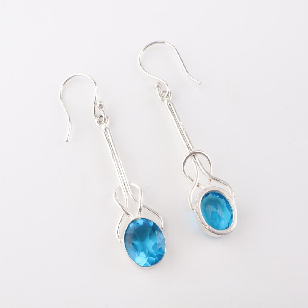 Natural Swiss Blue Topaz Gemstone 925 Sterling Silver Handcrafted Earrings 1.76" EE-171-1