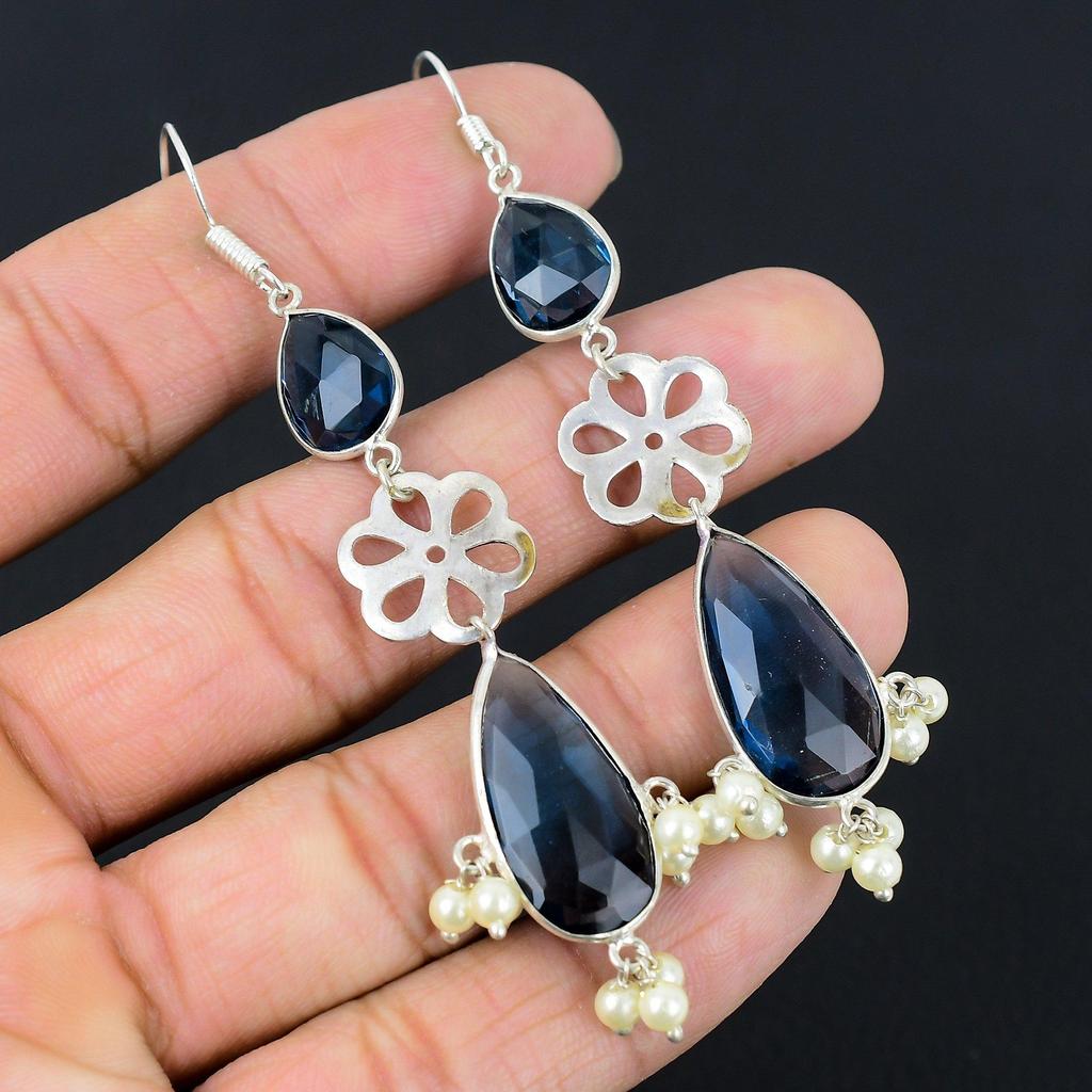 Mothers day Sale Sterling Silver Natural Iolite Quartz Dangle Drop Wife Earrings