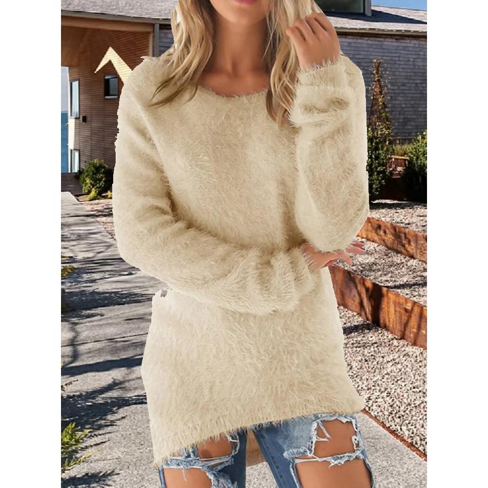 Женский Хлопковый Теплый Вязаный Свитер с Круглым Вырезом Свободный Пуловер Длинный Свитер Повседневная Блузка Оверсайз Женская Хипстерская Одежда S