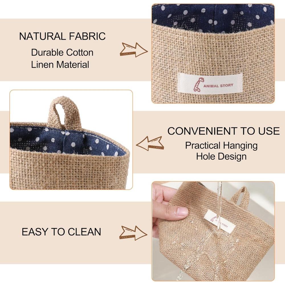 3 PCS Mini Hanging Storage Bag Cotton Linen Small Storage Basket Wall Hanging Storage Pouch Foldable Storage Box Family Organizer Decorative Bag