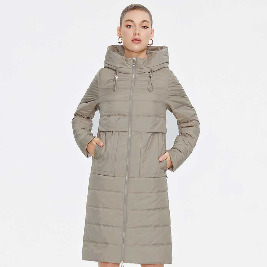 Spring Autumn Women's Long Coat Long Sleeve Quilted Female Solid Color Jacket Windproof Hooded Parka C23609