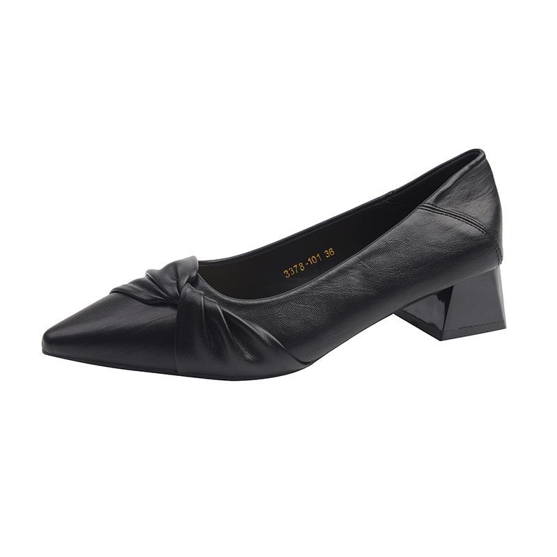 Women's French Style Chunky Heel Pointed Toe Leather Shoes, Autumn 2025 Edition