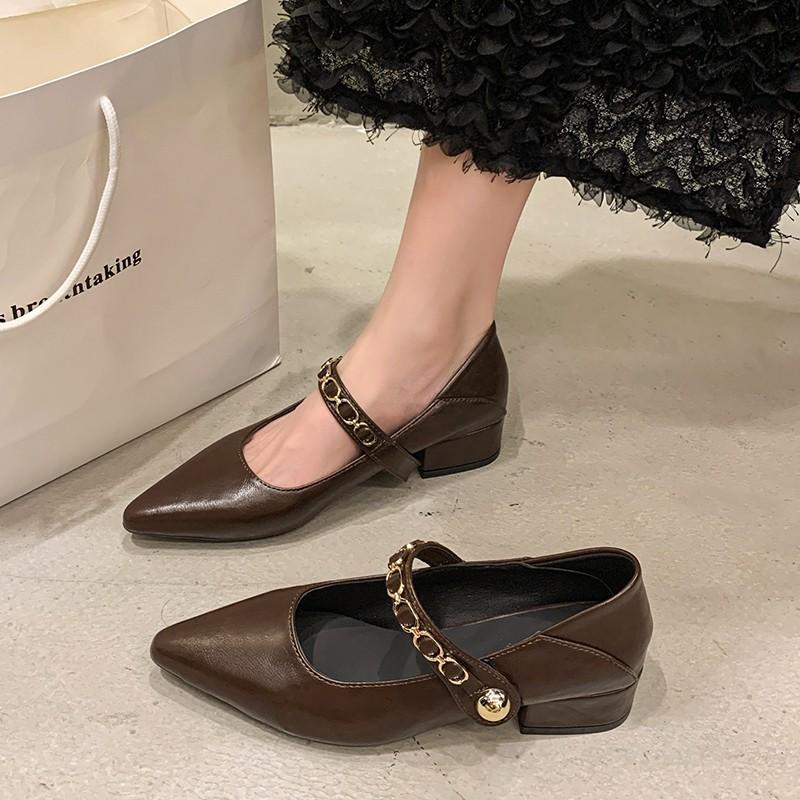 Fashion Autumn New Coarse Heel Shoes Women's Fashion Pointed Head Shallow Mouth Metal Line with Low Top Shoes