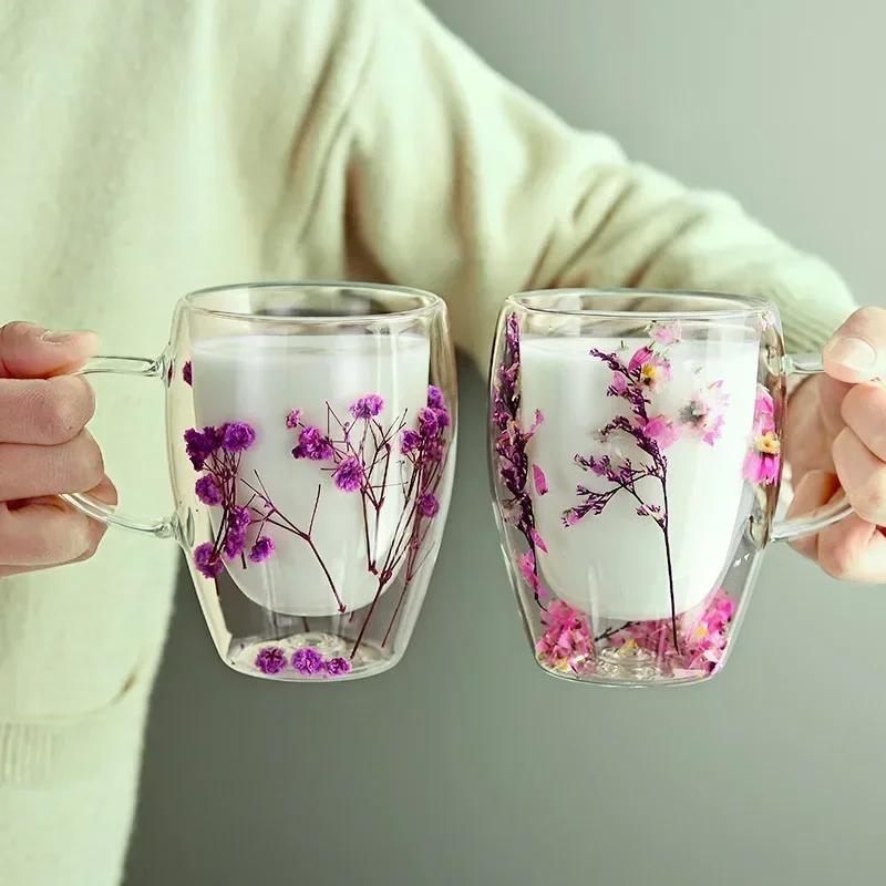 Double Layered Dried Flower Glass Cup Creative Pattern Mugs High Borosilicate Insulated Cup Kitchen Drinkware Home Accessories